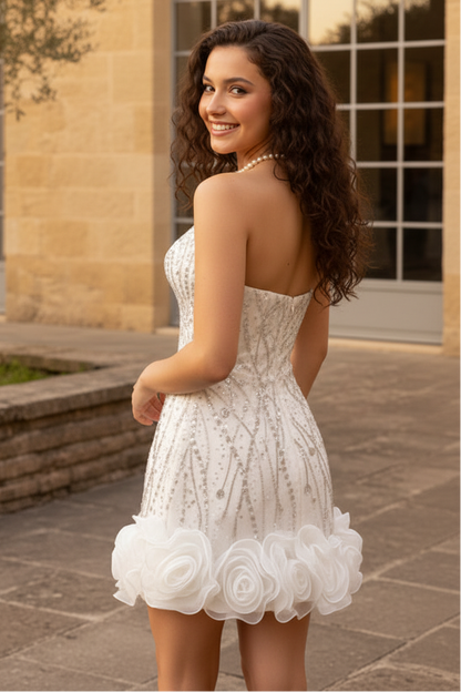 Strapless Sequin Mini Dress with 3D Floral Hem