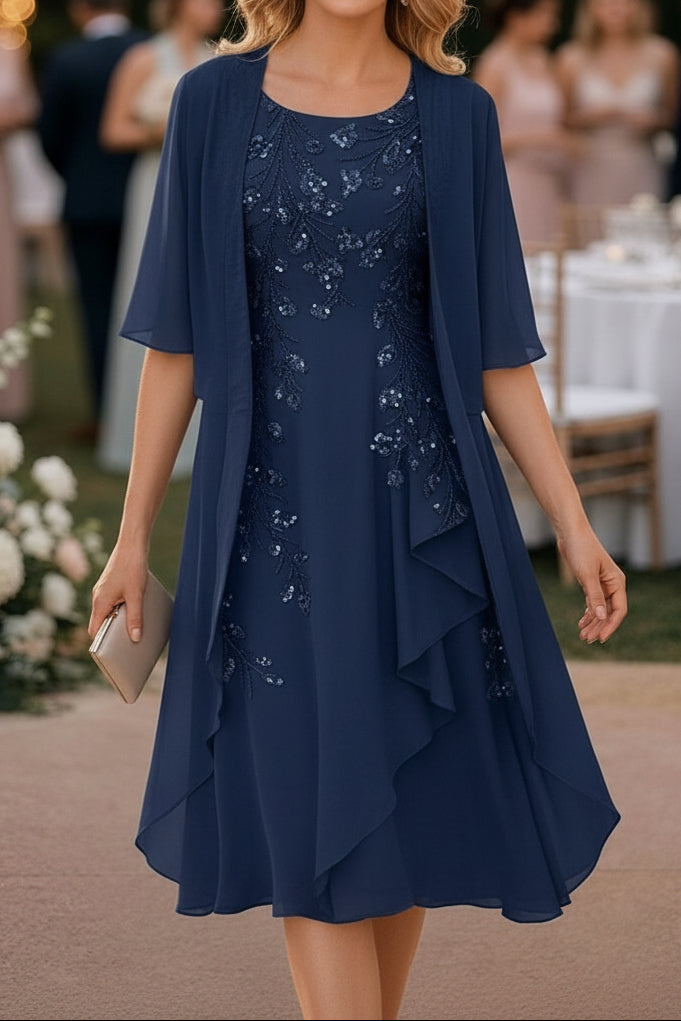 Sequin Embroidered Chiffon Dress with Cape Jacket Set