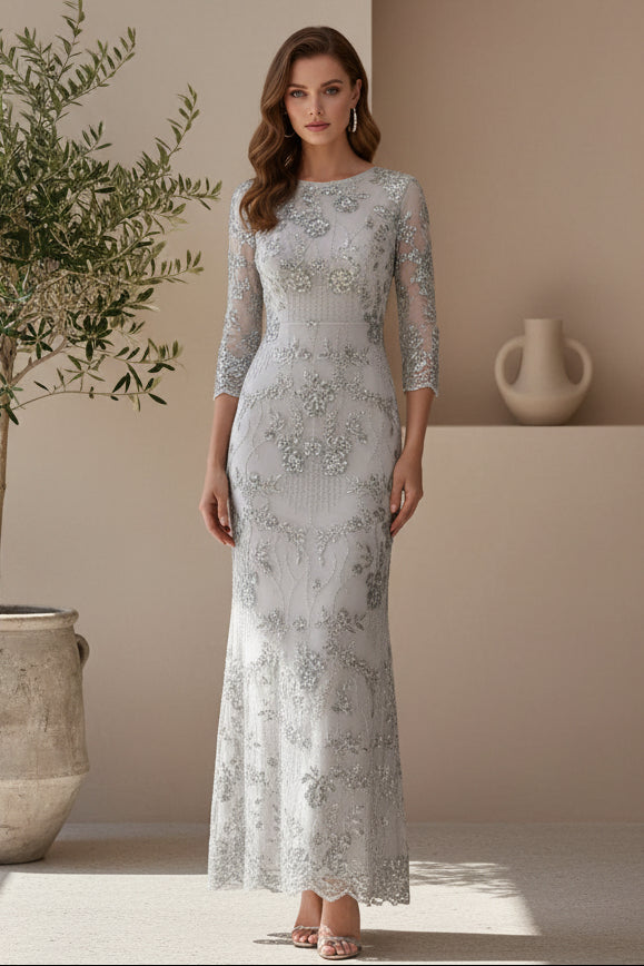 Elegant Beaded Sheath Evening Gown with 3/4 Sleeves