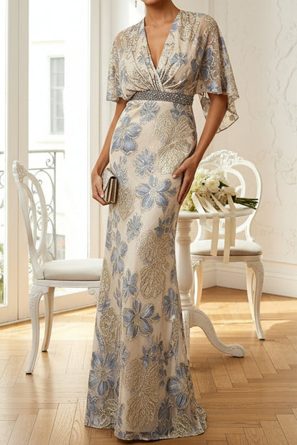 Floral Jacquard V-Neck Flutter Sleeve Evening Gown
