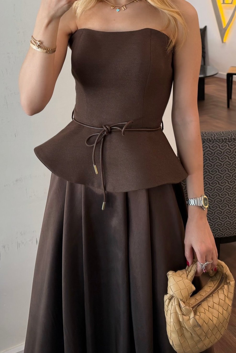 Strapless Peplum Midi Dress with Tie Waist