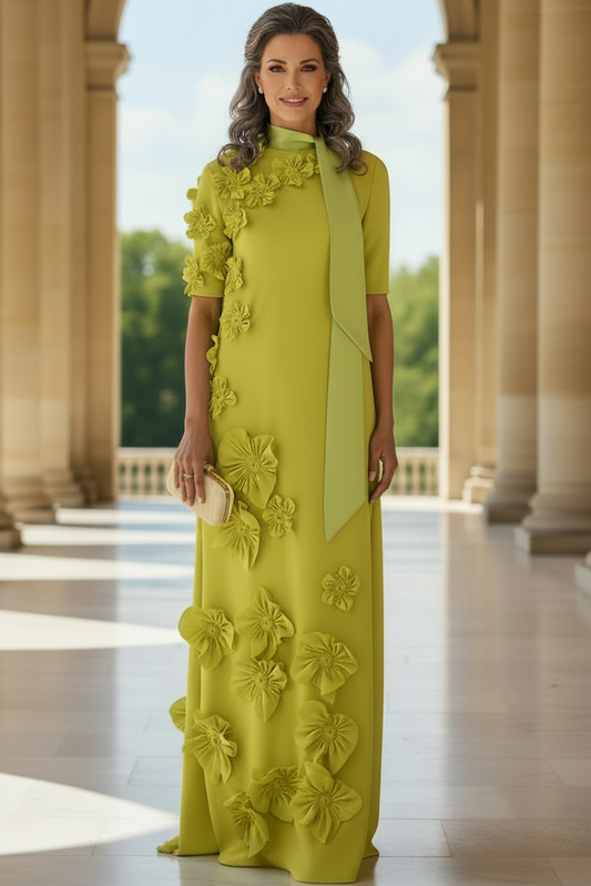 High Neck Column Evening Gown with 3D Flowers