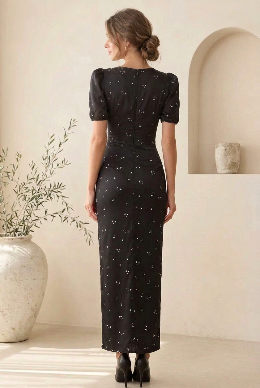 Lace-Trim Deep V-Neck Column Maxi Dress