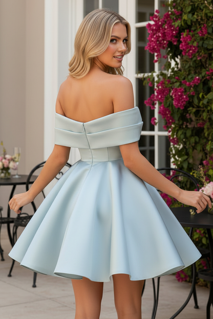 Off-Shoulder Satin Short Dress with Pleated Bodice