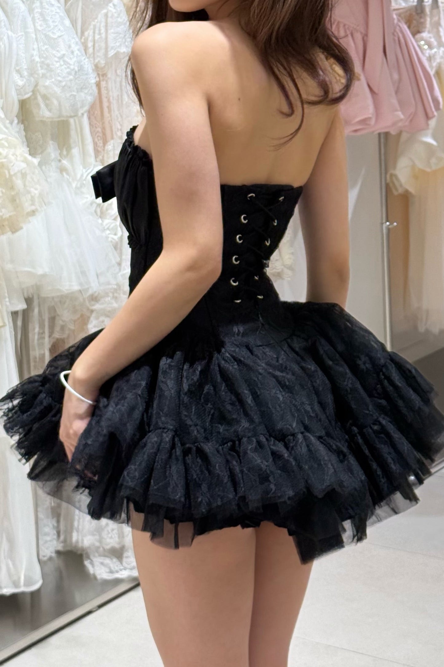 Strapless Corset Mini Dress with Bow and Tiered Tulle Skirt