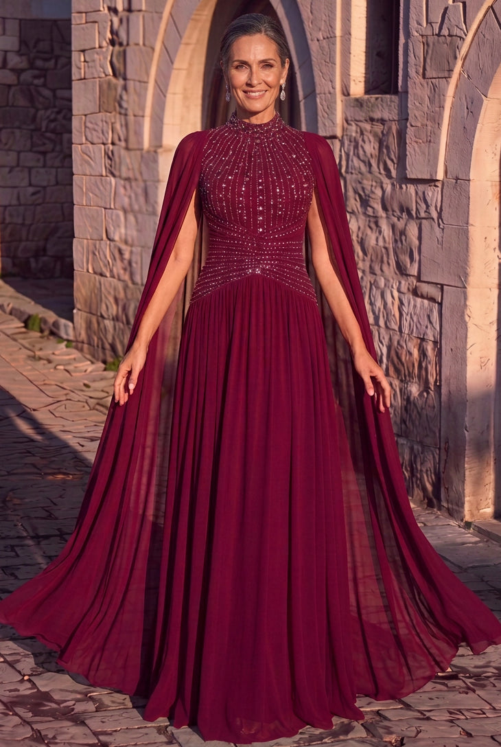 High Neck Embellished Cape Evening Gown