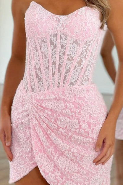 Strapless Lace Corset Mini Dress with Draped Skirt