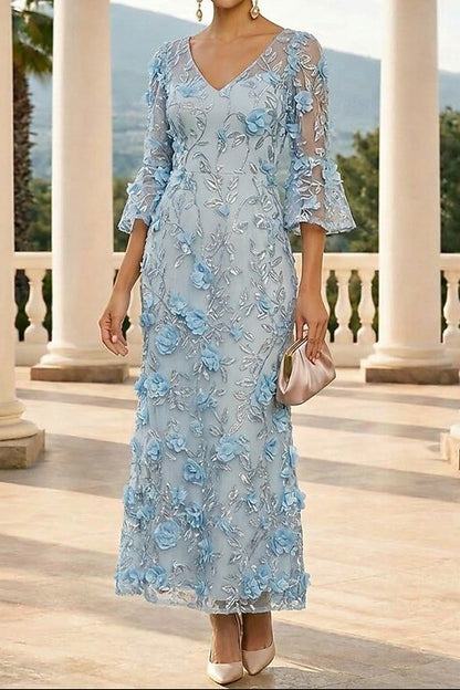 V-Neck Embroidered Lace Sheath Dress with Bell Sleeves