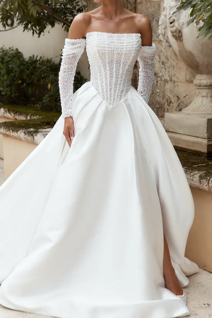 Off-the-Shoulder Pearl Corset Ball Gown Wedding Dress