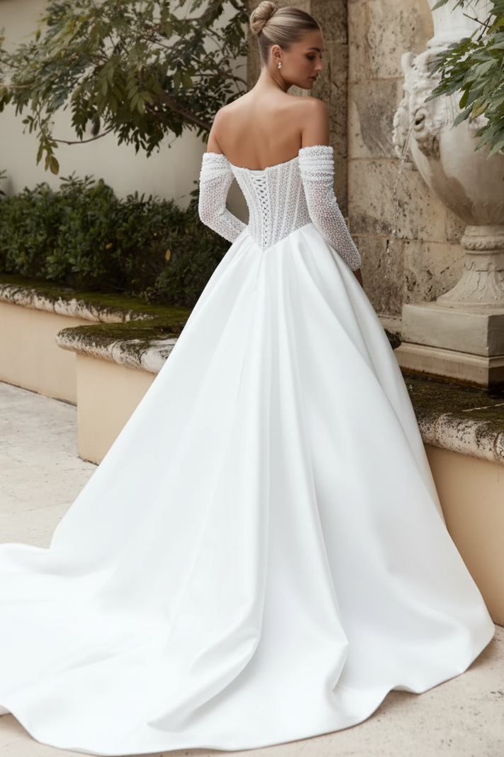 Off-the-Shoulder Pearl Corset Ball Gown Wedding Dress