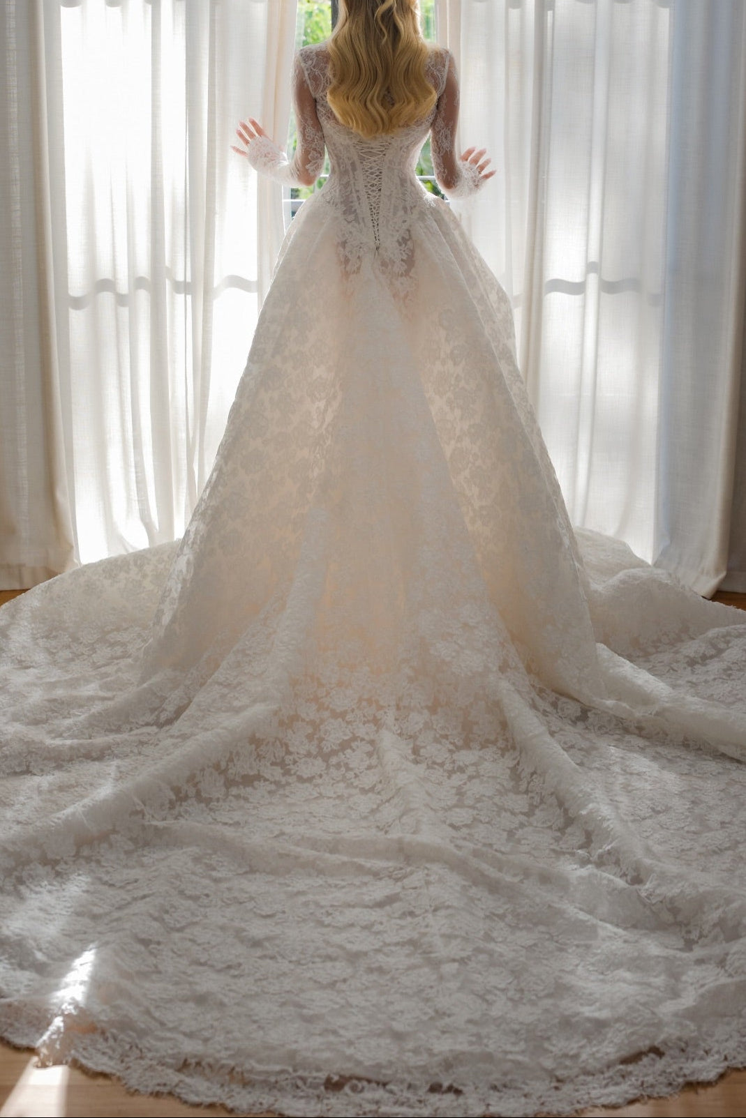 Long Sleeve Lace Corset Ball Gown Wedding Dress