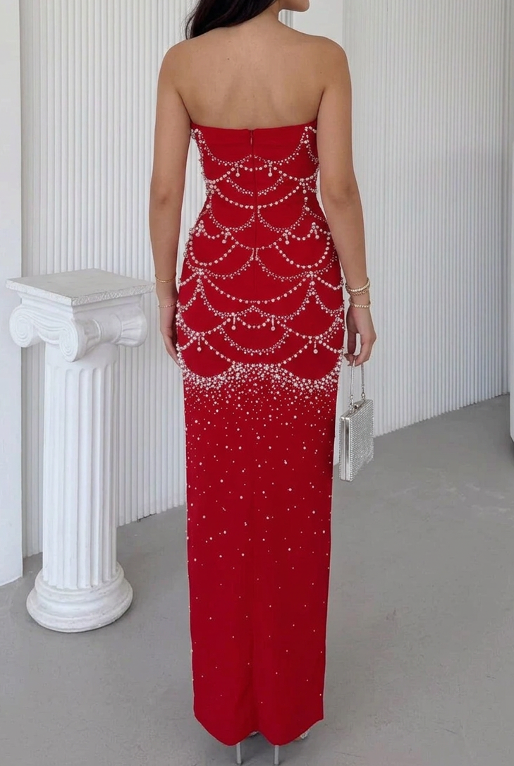 Strapless Column Gown with Scalloped Pearl Beading