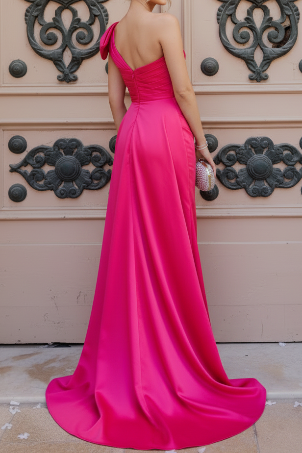 One-Shoulder Bow Satin Evening Gown with Slit
