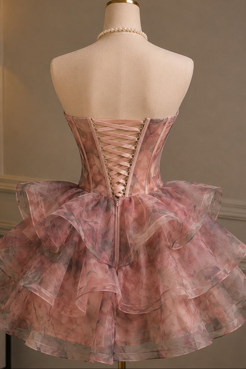 Strapless Corset Bodice Tiered Ruffle Mini Dress