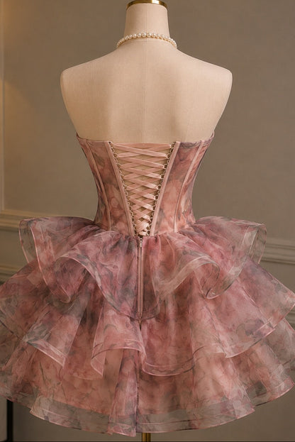 Strapless Corset Bodice Tiered Ruffle Mini Dress