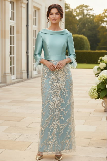 Foldover Neckline Feather-Cuff Embroidered Gown