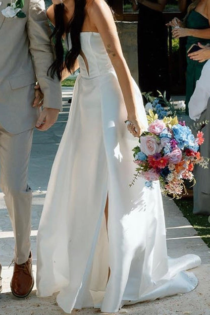 Strapless Deep V Plunge Satin A-Line Wedding Dress