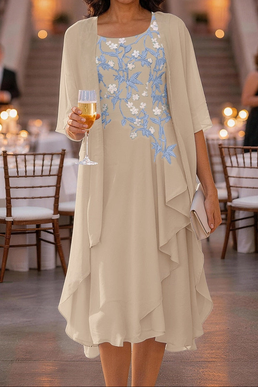 Embroidered Midi Dress with Sheer Jacket