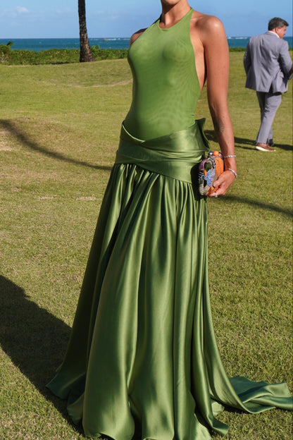 Halter Neck Backless Satin Maxi Gown with Draped Waist