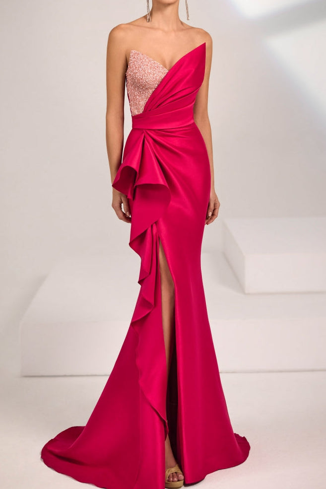 Strapless Asymmetric Gown with Beaded Bust & Ruffle