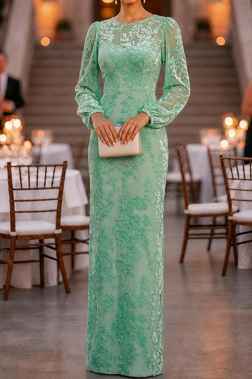 Illusion Neck Long Sleeve Floral Burnout Gown