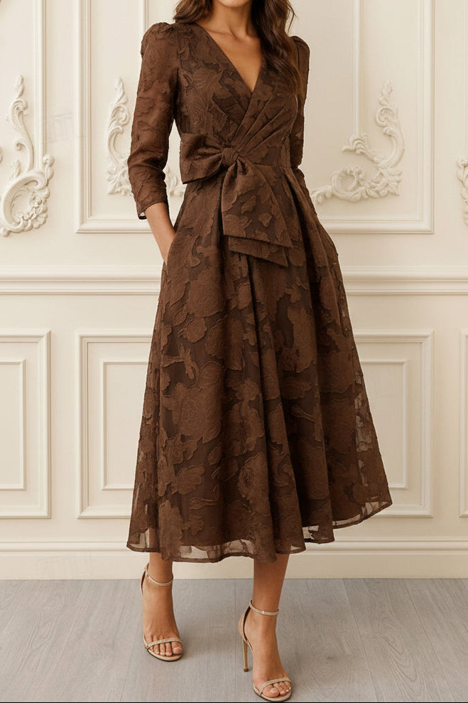 Floral Jacquard Wrap Dress with 3/4 Sleeves & High-Low Hem