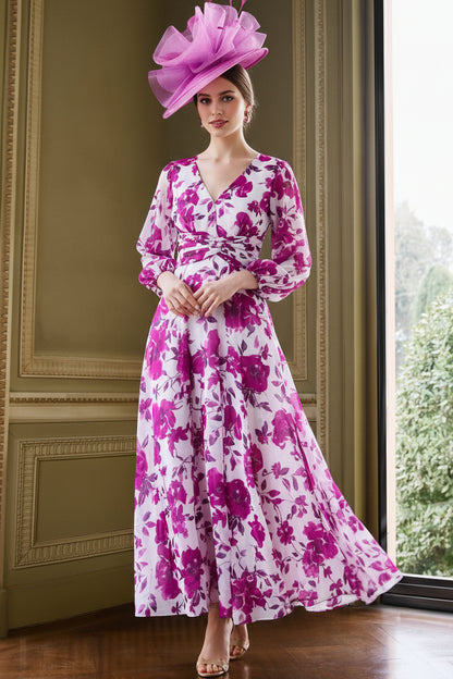 Floral Print V-Neck A-Line Ankle-Length Dress