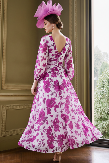Floral Print V-Neck A-Line Ankle-Length Dress