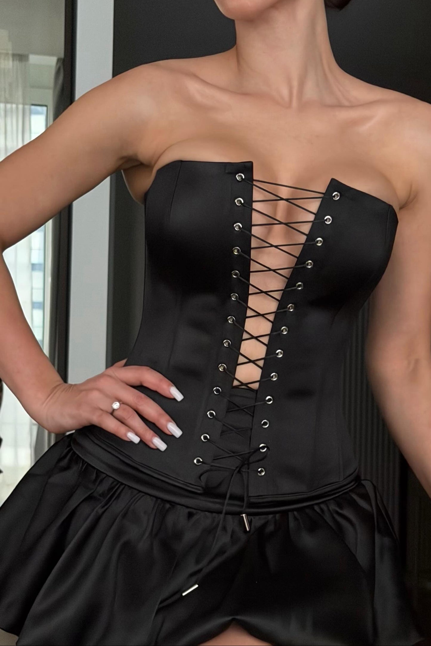 Strapless Lace-Up Corset Bubble Mini Dress