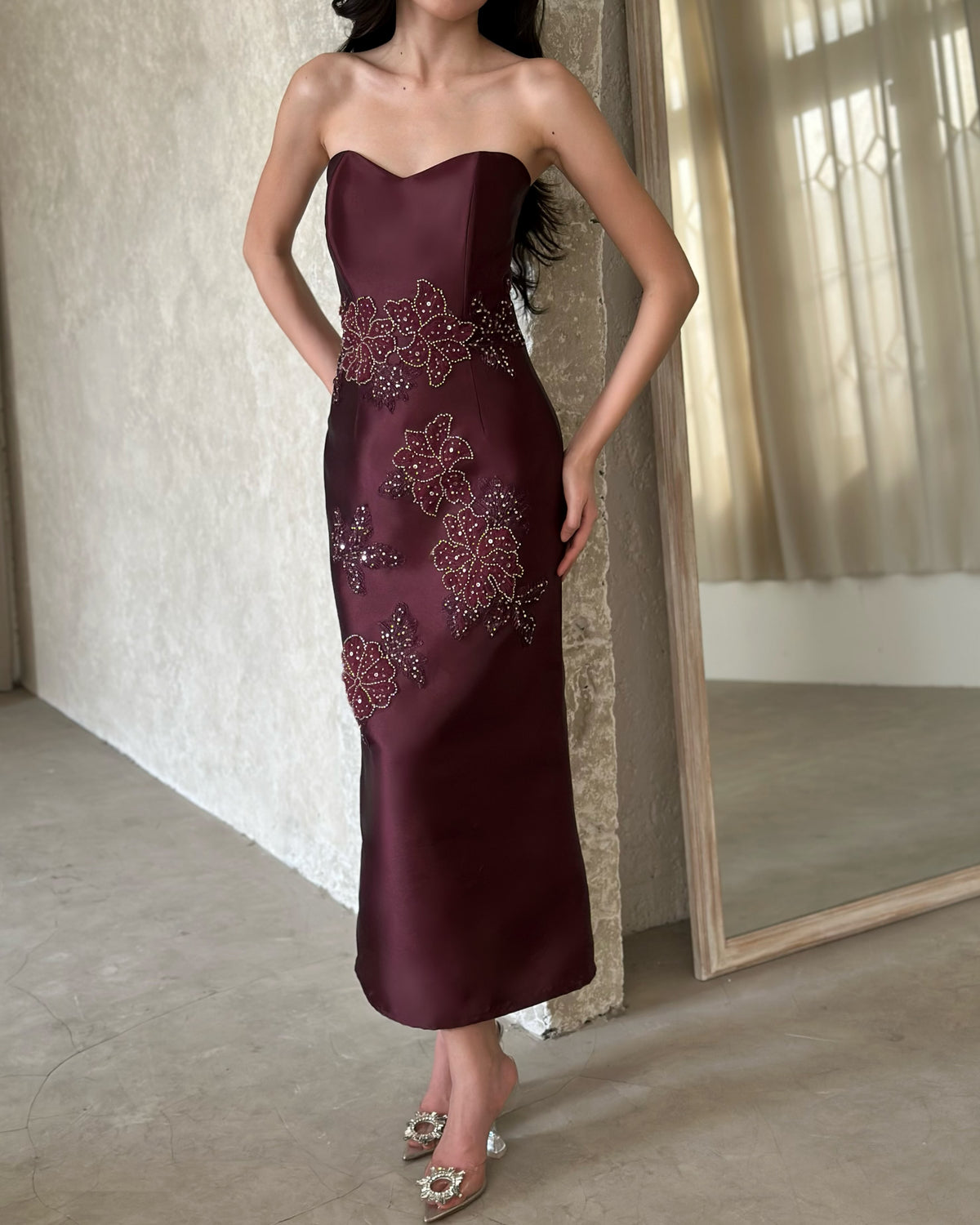 Lace Capelet Ankle-Length Column Dress with Beading