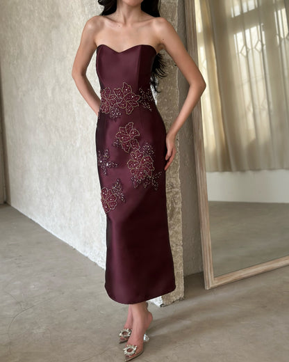 Lace Capelet Ankle-Length Column Dress with Beading
