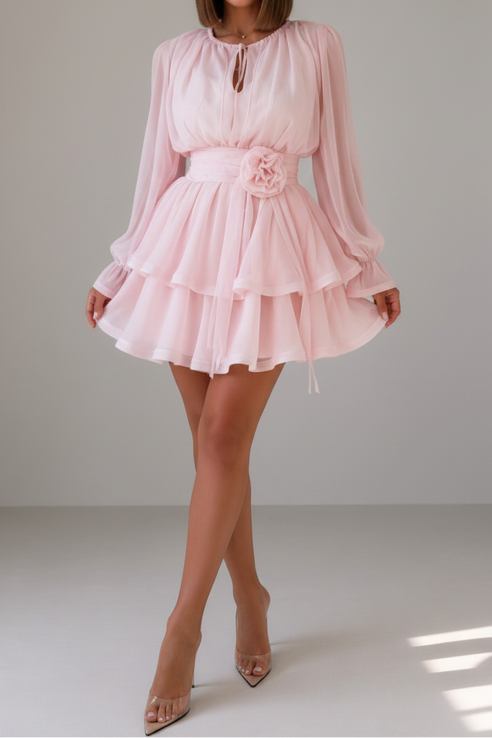 Tiered Long Sleeve Mini Dress with Rosette Waistband