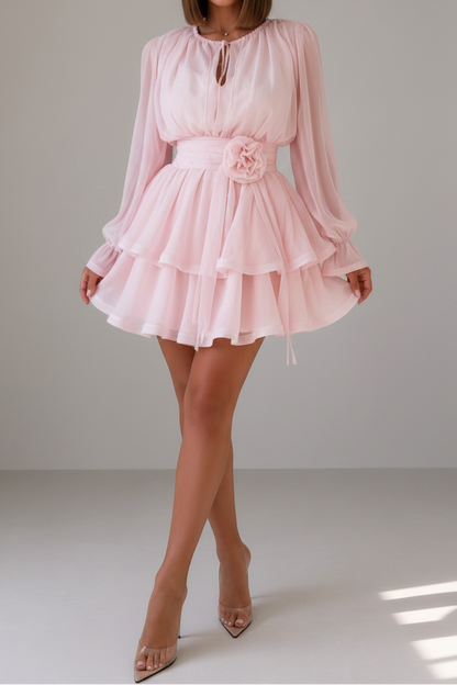 Tiered Long Sleeve Mini Dress with Rosette Waistband
