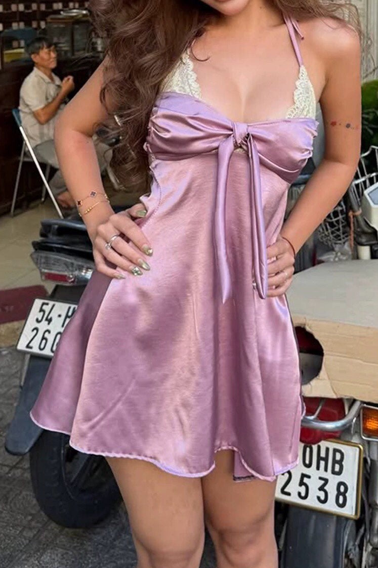 Halter Satin Mini Dress with Front Tie & Lace Trim