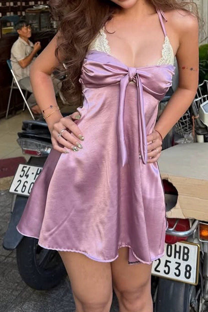 Halter Satin Mini Dress with Front Tie & Lace Trim