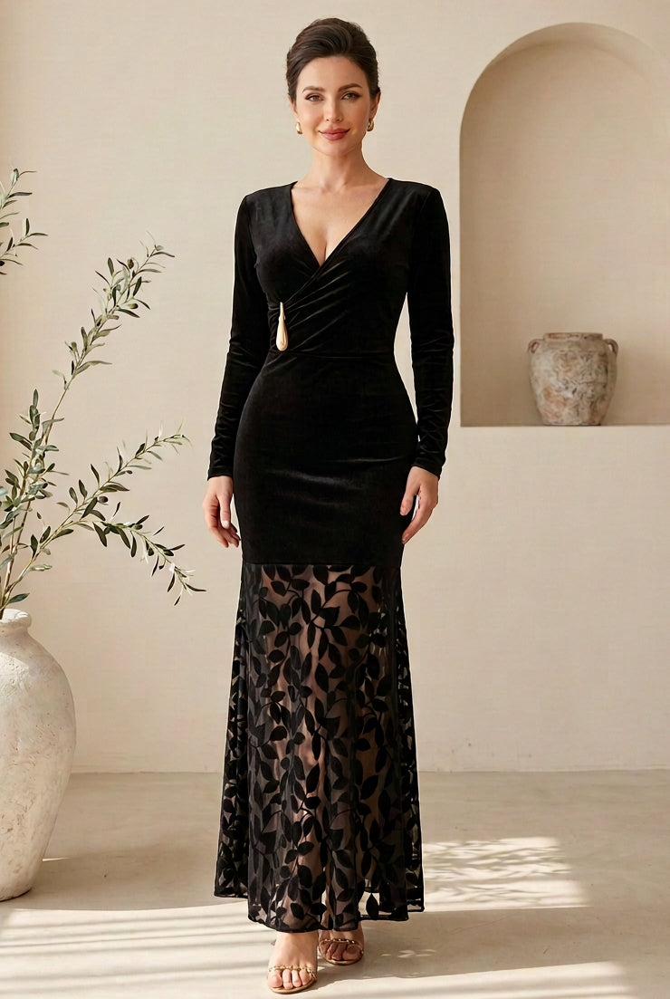 Long-Sleeve Velvet Maxi Dress with Burnout Skirt