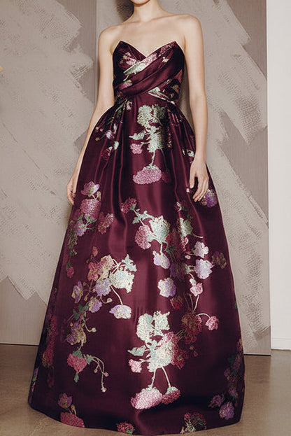 Strapless Floral Jacquard Ball Gown with Pockets