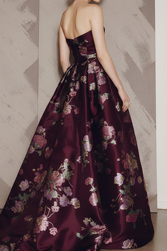 Strapless Floral Jacquard Ball Gown with Pockets
