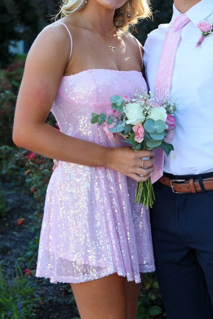Sequined A-Line Mini Dress with Lace-Up Back