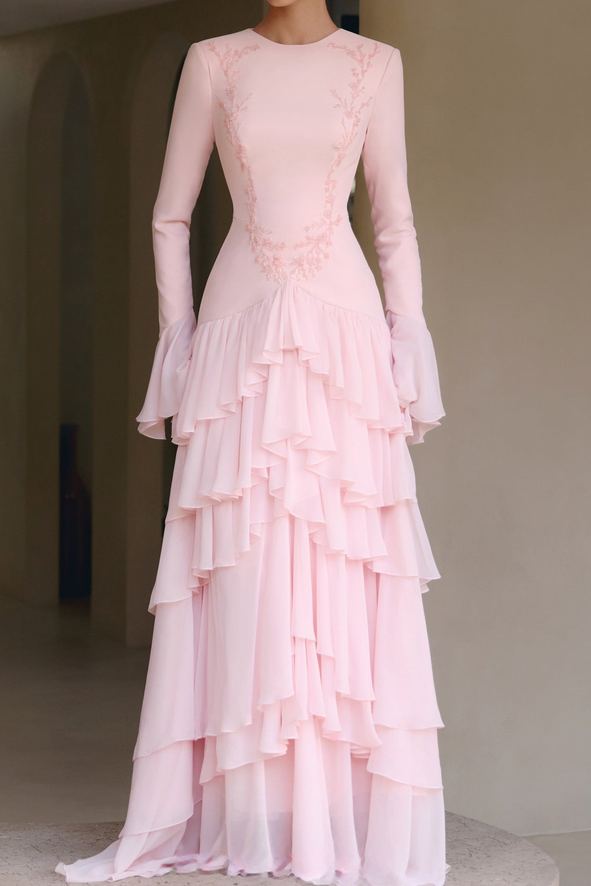 Tiered Ruffle Gown with Flared Cuffs