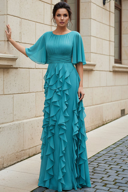 Ruffled Chiffon Flutter Sleeve Evening Gown