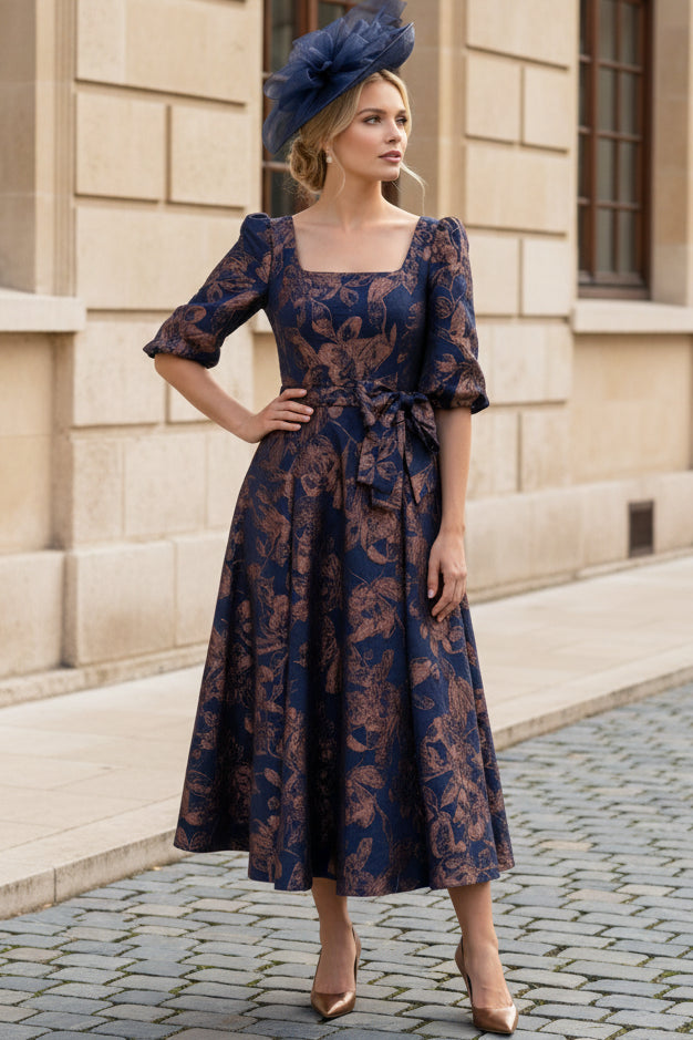Elegant Square Neck Jacquard Midi Dress