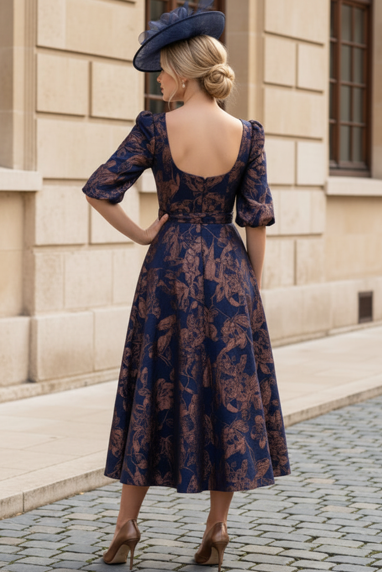 Elegant Square Neck Jacquard Midi Dress
