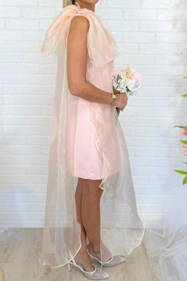 One-Shoulder Satin Mini Dress with Organza Cape