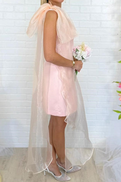 One-Shoulder Satin Mini Dress with Organza Cape