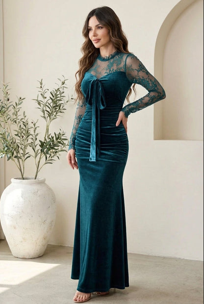 Velvet Maxi Gown with Lace Illusion Neck and Bow