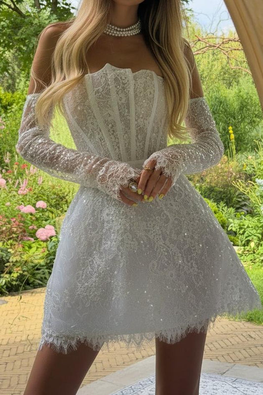 Sequin Lace Corset Mini Dress with Long Sleeves