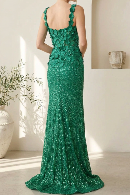 Sequin Floral Applique Gown with Slit