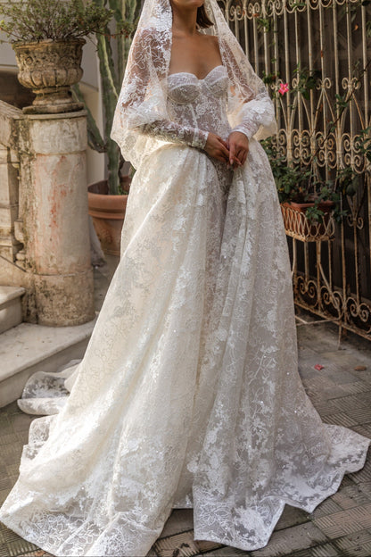 Strapless Sweetheart Lace Corset Ball Gown Wedding Dress