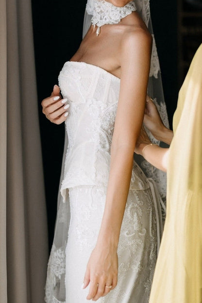 Strapless Corset Lace Column Wedding Gown
